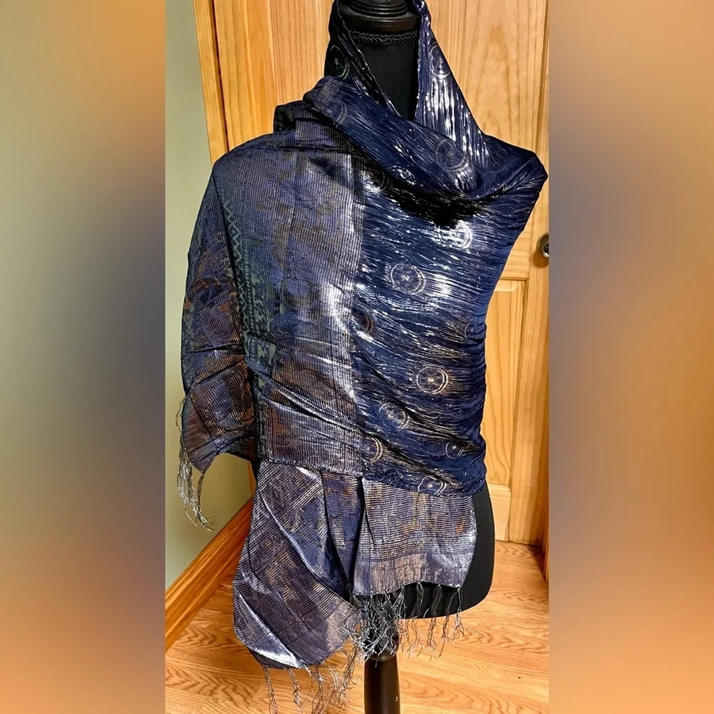 Vintage Navy Blue Silk Metallic Shimmer Scarf Wrap Evening Shawl Fringe Holiday